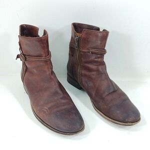 Frye Phillip Harness Brown Leather Ankle Boots Side Zip Buckle Cognac
